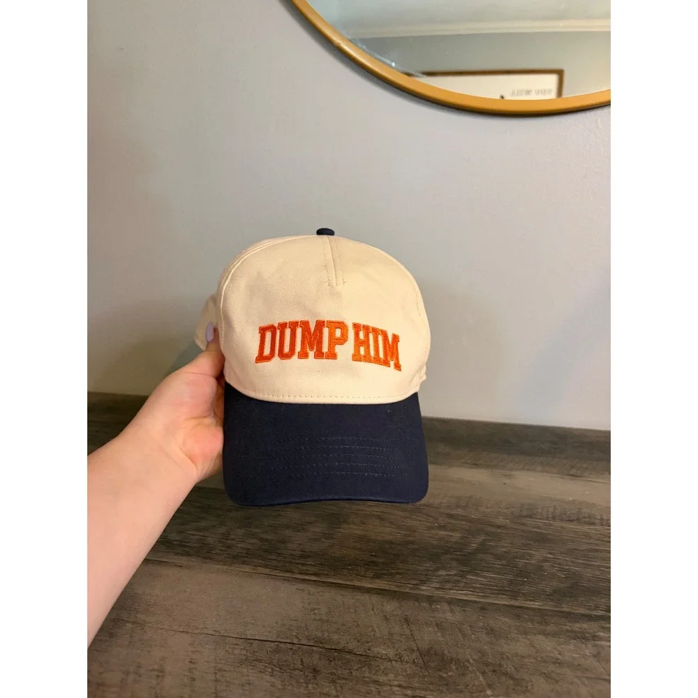 Urban Outfitters Dump Him Baseball Cap Cream Navy Blue Orange Embroidered Hat
